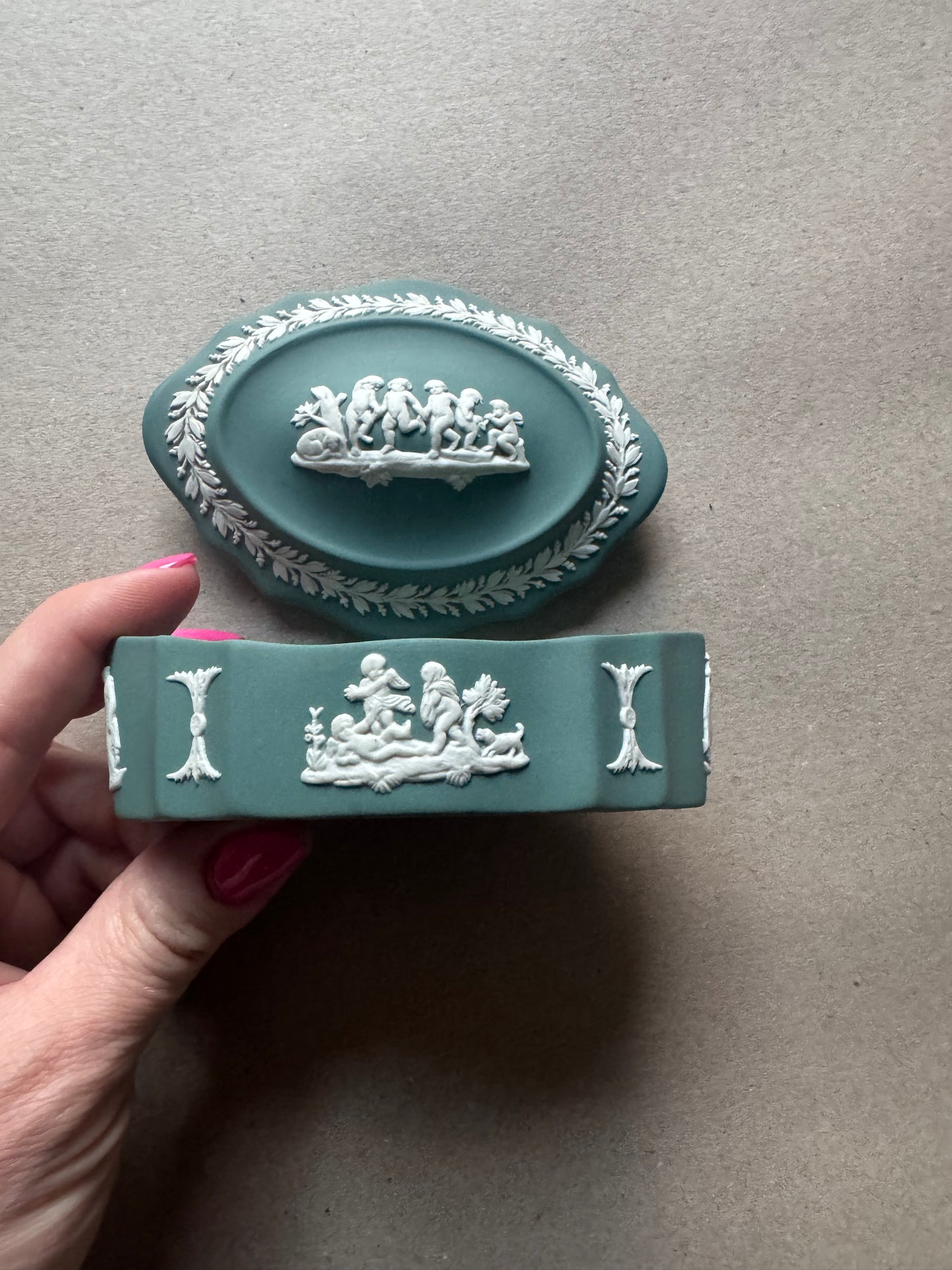 Cherub oval teal trinket box Wedgwood 4.5x3.5x1.5”