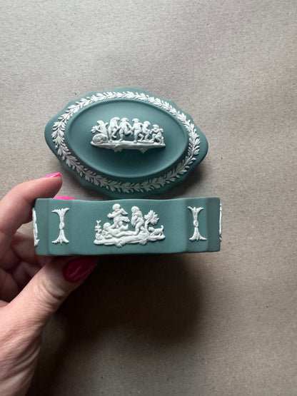 Cherub oval teal trinket box Wedgwood 4.5x3.5x1.5”