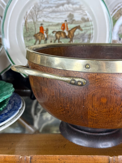 RESERVED - CGHOLL - Antique English Oak & EPNS Silver Plate Pedestal Trophy Bowl with Twin Handles & AB Monogram, c.1900, 14” W x 9” D x 6” H