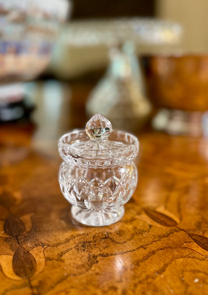 Vintage Cut Crystal Condiment Jar Mustard Pot with Lid | Diamond & Starburst Design