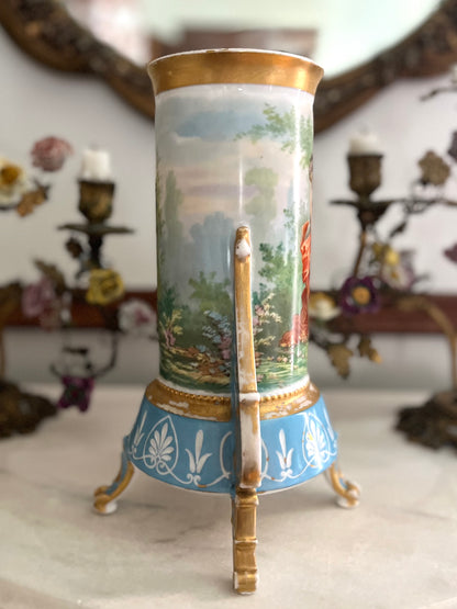Antique French Paris Porcelain Tripod Vase, Bleu Céleste, Hand-Painted Maiden & Cupid, c. 1870