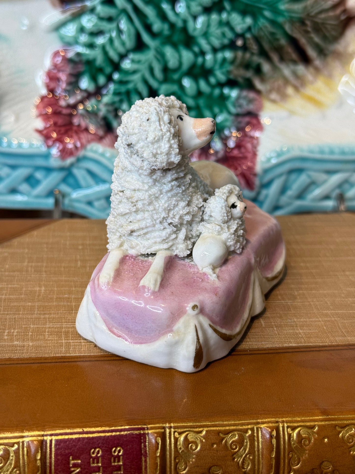 Antique Staffordshire Poodle with Puppies on Pink Cushion | Miniature Dog Figure | 3.25” x 1.5” | #DA4350