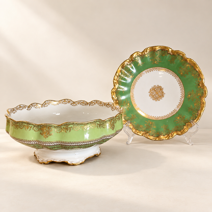 Reserved Haviland Limoges Green & Gold Footed Bowl with Coordinating Plate