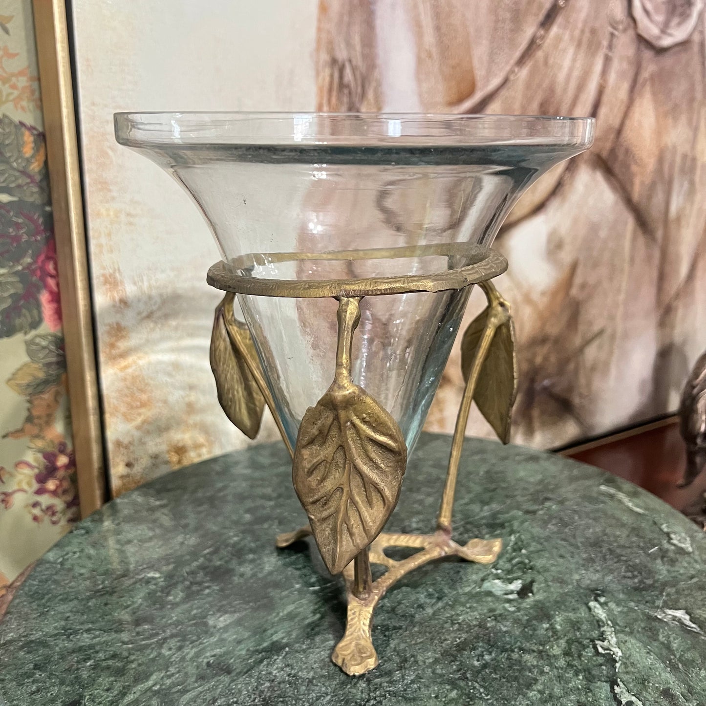Beautiful Vintage Brass Stand with Leaves and Clear Glass Vase