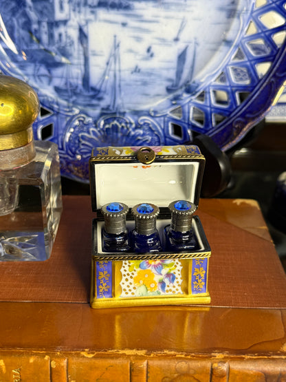 Vintage Limoges France Hand-Painted Porcelain Perfume Chest with 3 Cobalt Glass Bottles