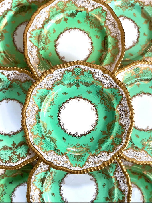 Gorgeous Set Of 6 Copeland Apple Green Raised Gilding Plates 9”