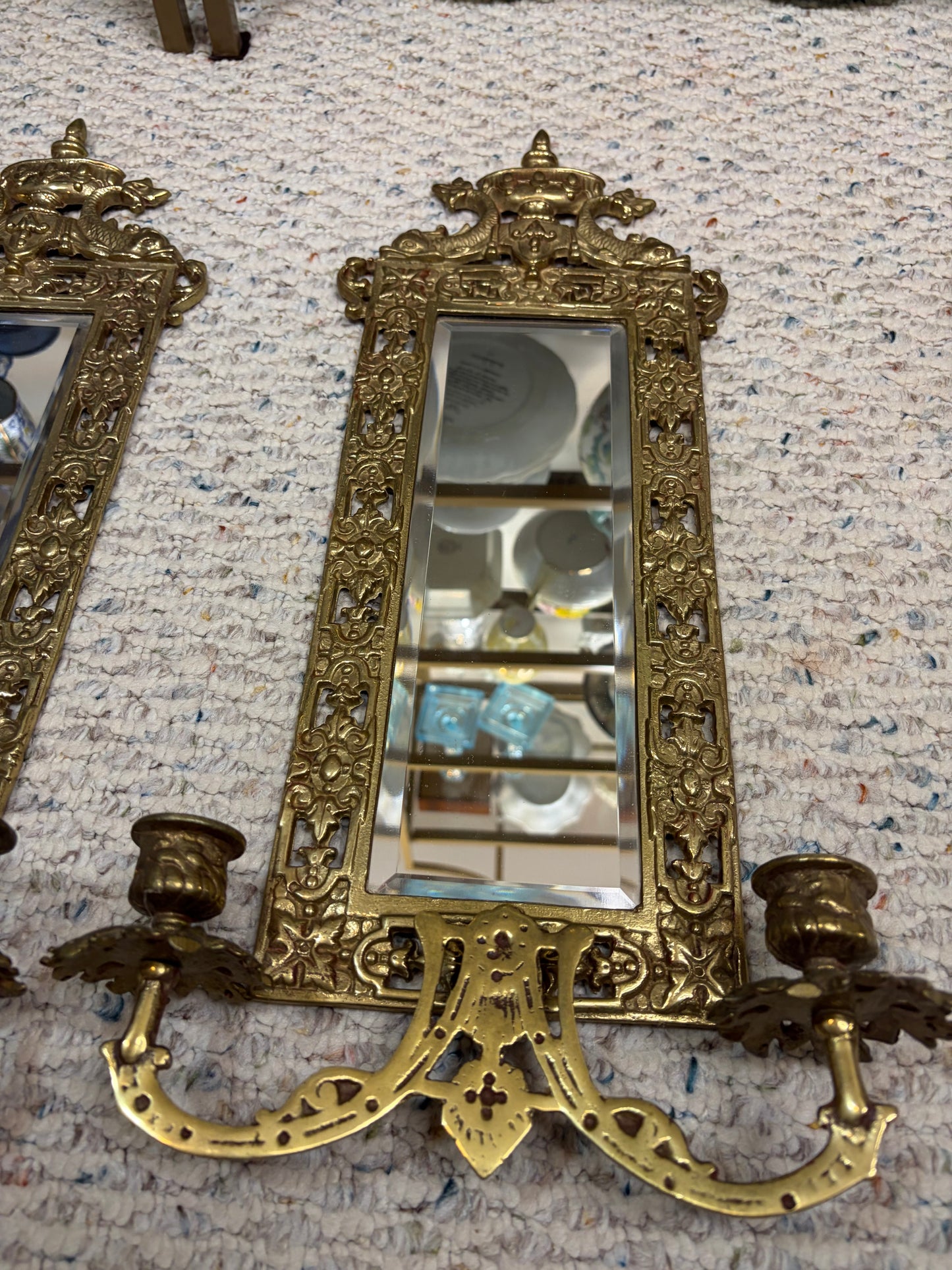 Stunning brass koi mirrored wall sconces pair!