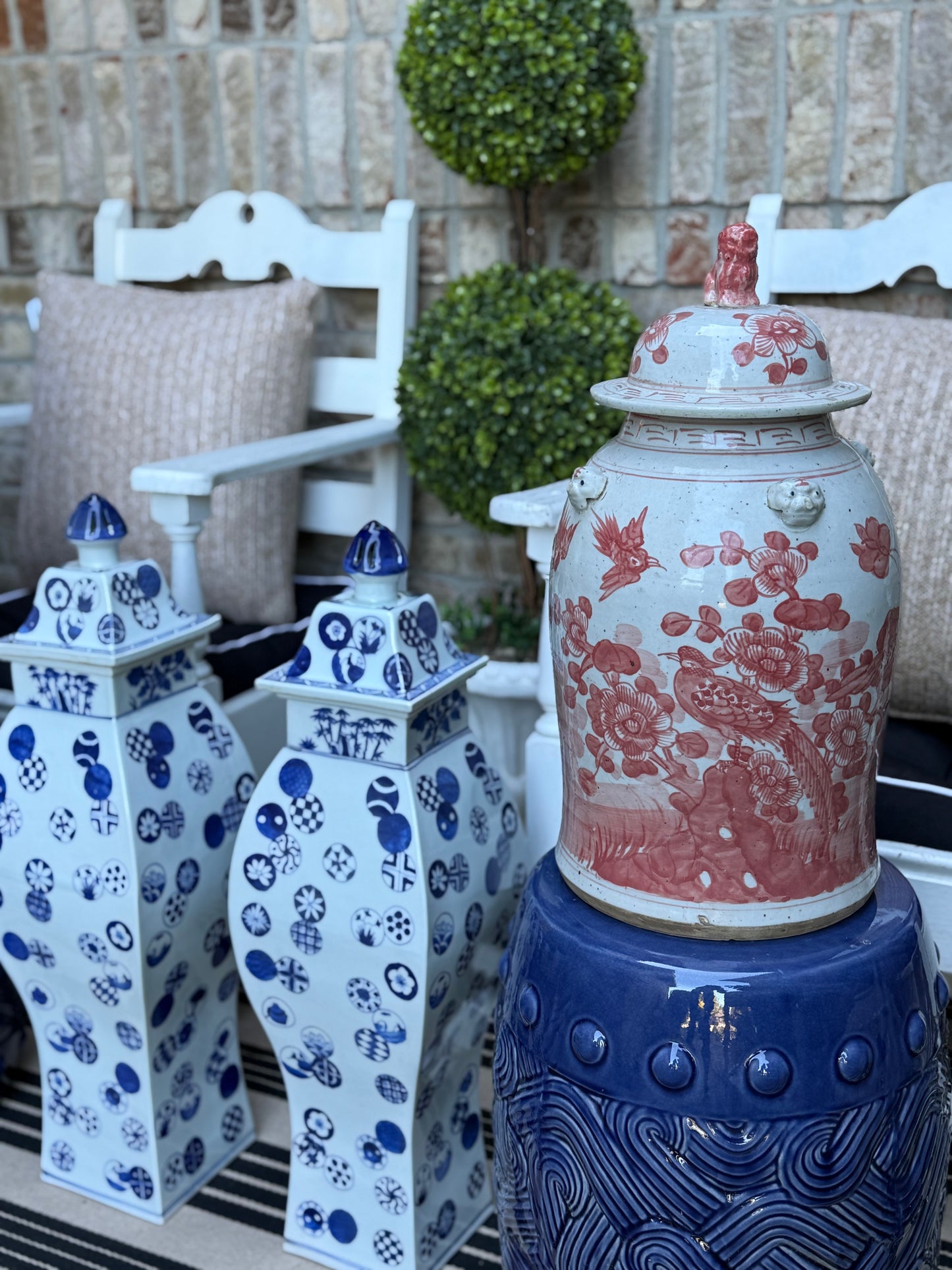 Danny’s Fine Porcelain: Red and White Porcelain Ginger Jar with Foo Dog Finial – 24” Tall