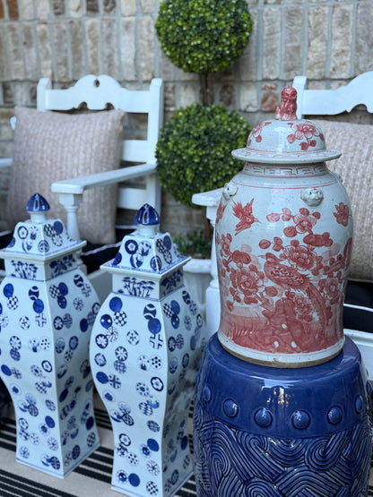 Danny’s Fine Porcelain: Red and White Porcelain Ginger Jar with Foo Dog Finial – 24” Tall