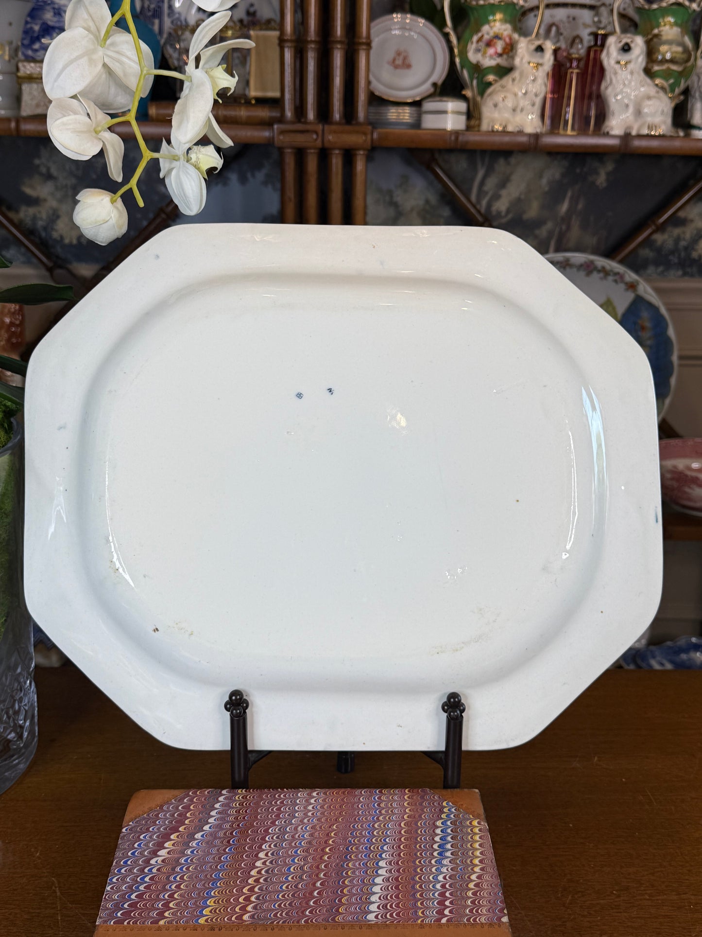 Antique Wedgwood Blue & White Transferware Platter | Scenic Floral Octagonal Serving Platter | c.1860–1880 | 16”