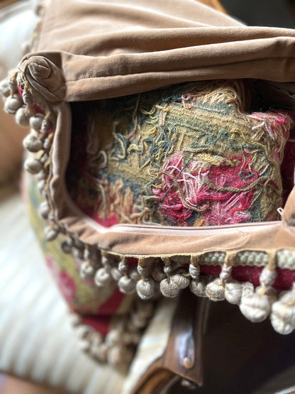 Pair of French Aubusson Hand Woven Mirror Image Rooster Pillows with Café-Latte Velvet Backs