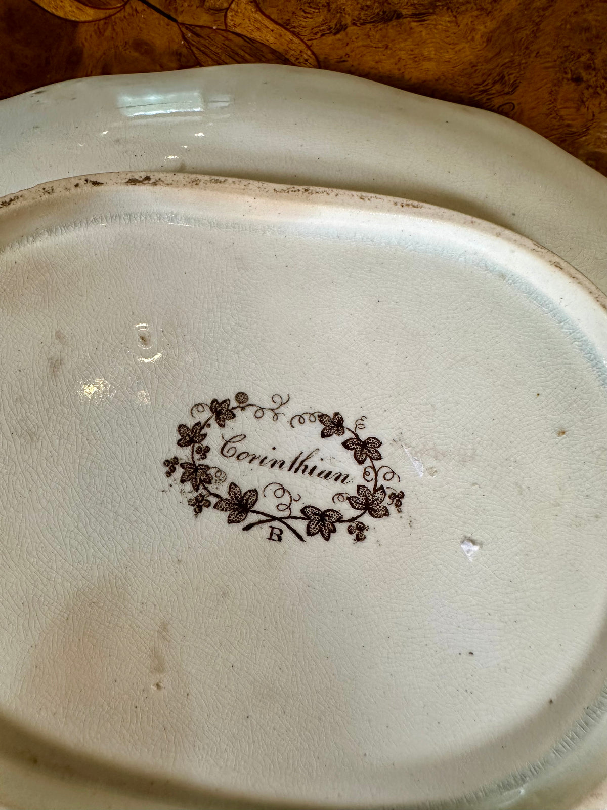 Antique English Corinthian Brown Transferware Pearlware Tureen, Lid & Stand, c. 1830s–1840s