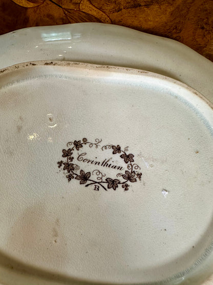 Antique English Corinthian Brown Transferware Pearlware Tureen, Lid & Stand, c. 1830s–1840s