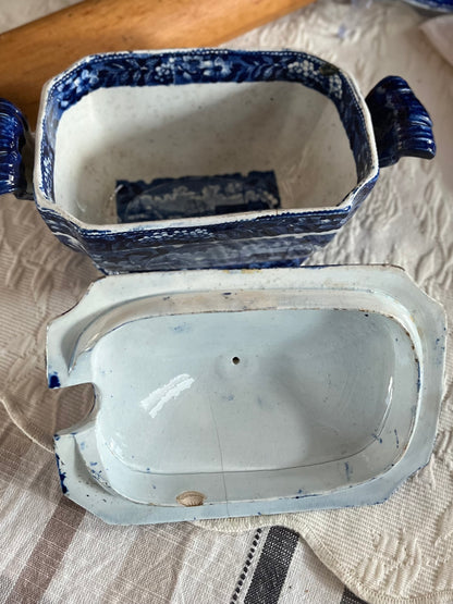 Live 08/04 Rare Historical Blue “Landing of General Lafayette” Covered Sauce Dish | Transfer-Printed Interior | Impressed Clews Warranted Stamp | Circa 1825 - Estate Collection