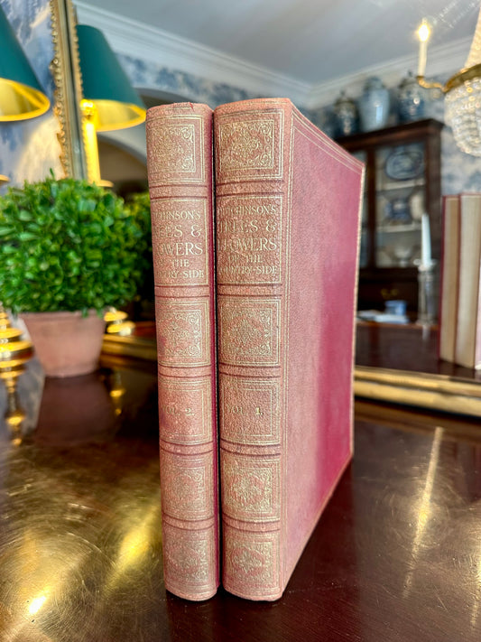 Large Pair of Antique Leather Bound Books "Hutchinson's Trees & Flowers of the Country-Side"