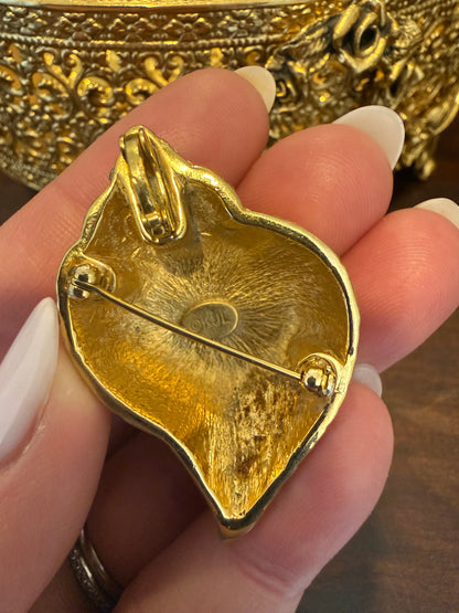 Vintage Signed Kenneth Jay Lane Gold Plated & Crystal Shell Brooch