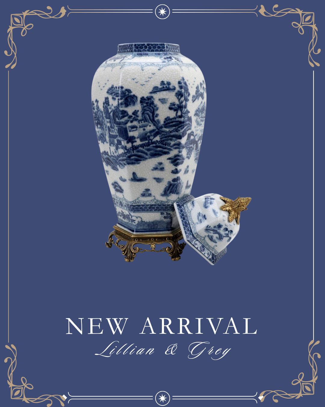 Danny’s Fine Porcelain – Octagonal Blue Willow Lidded Jar with Bronze Ormolu (8” x 8” x 19.25”H)
