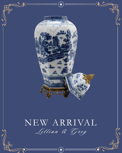 Danny’s Fine Porcelain – Octagonal Blue Willow Lidded Jar with Bronze Ormolu (8” x 8” x 19.25”H)
