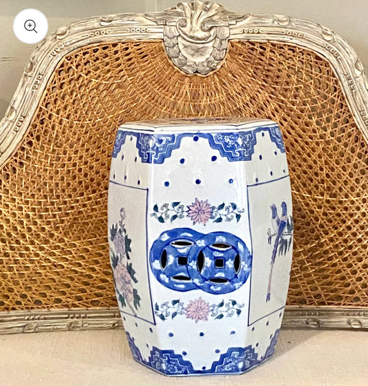 Vintage blue and white chinoiserie chic garden stool end table