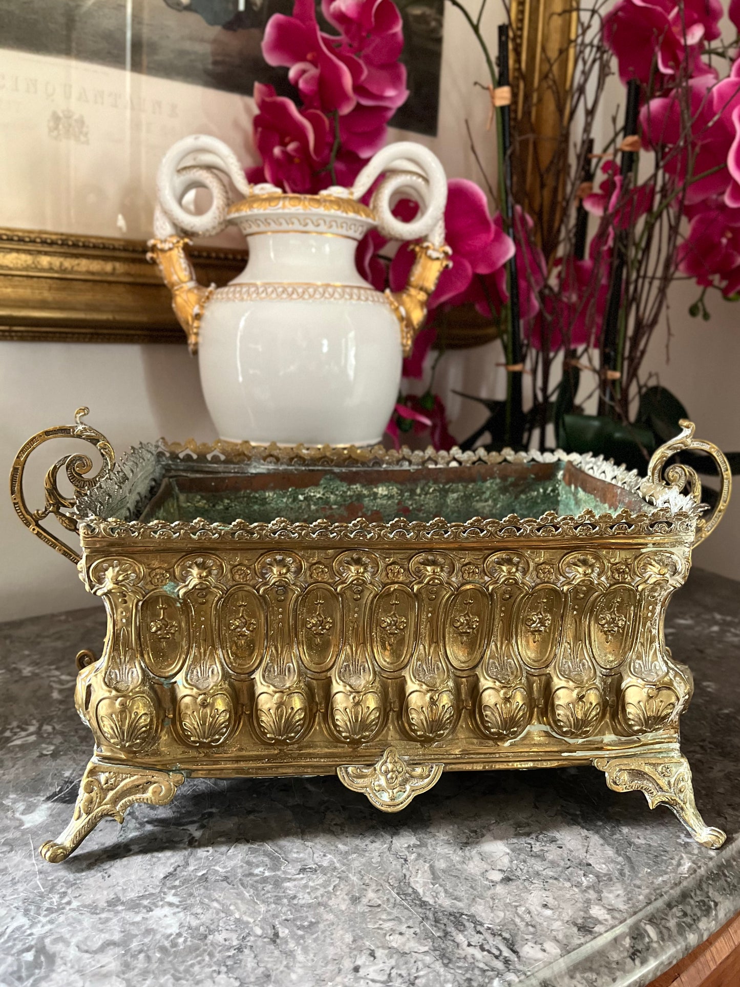 Live 06/22 Antique French Brass Jardinière Cachepot with Copper Liner