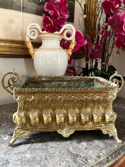 Live 06/22 Antique French Brass Jardinière Cachepot with Copper Liner