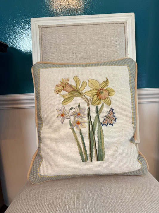WCCR Charitable Item #126 | Vintage Daffodil Needlepoint Pillow | Floral Accent Pillow