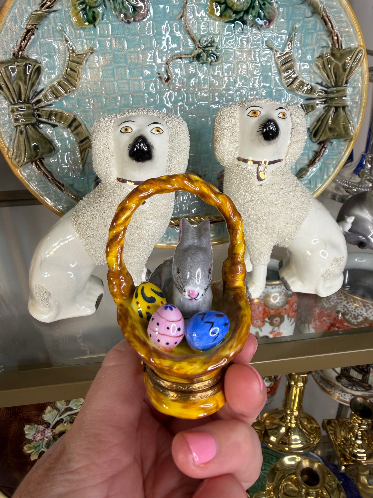Sweetest Limoges bunny in a basket with eggs trinket box!