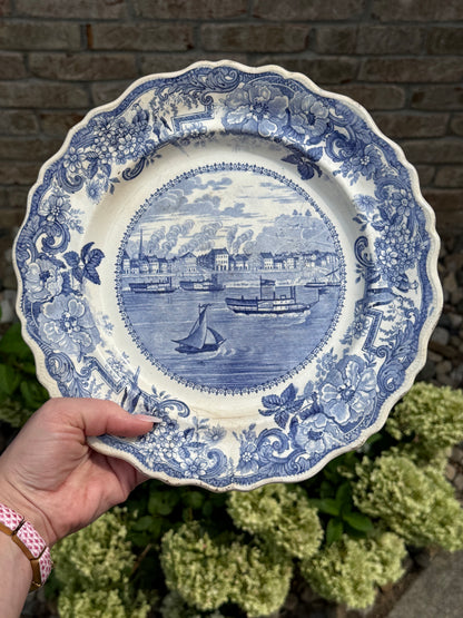 RESERVED - ANGIEFRIEND - RARE Antique c. 1830 Clews Historical Staffordshire Blue Transferware “Picturesque Views – Pittsburgh, PA” Plate | AS IS