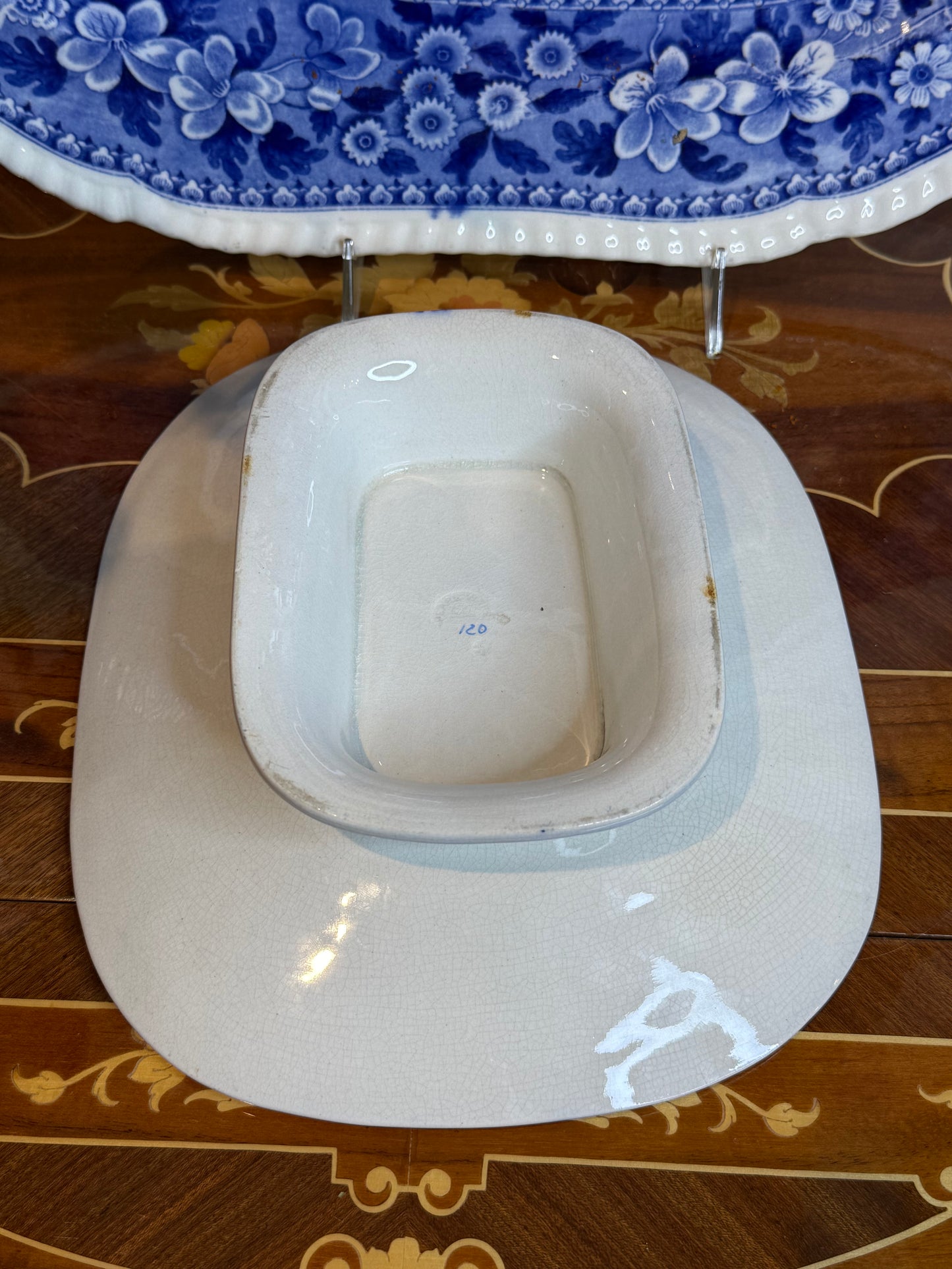 Antique Pearlware Majolica Leaf Pedestal Compote | Blue & White Grapevine Relief | c. 1820–1840 | 10x9”