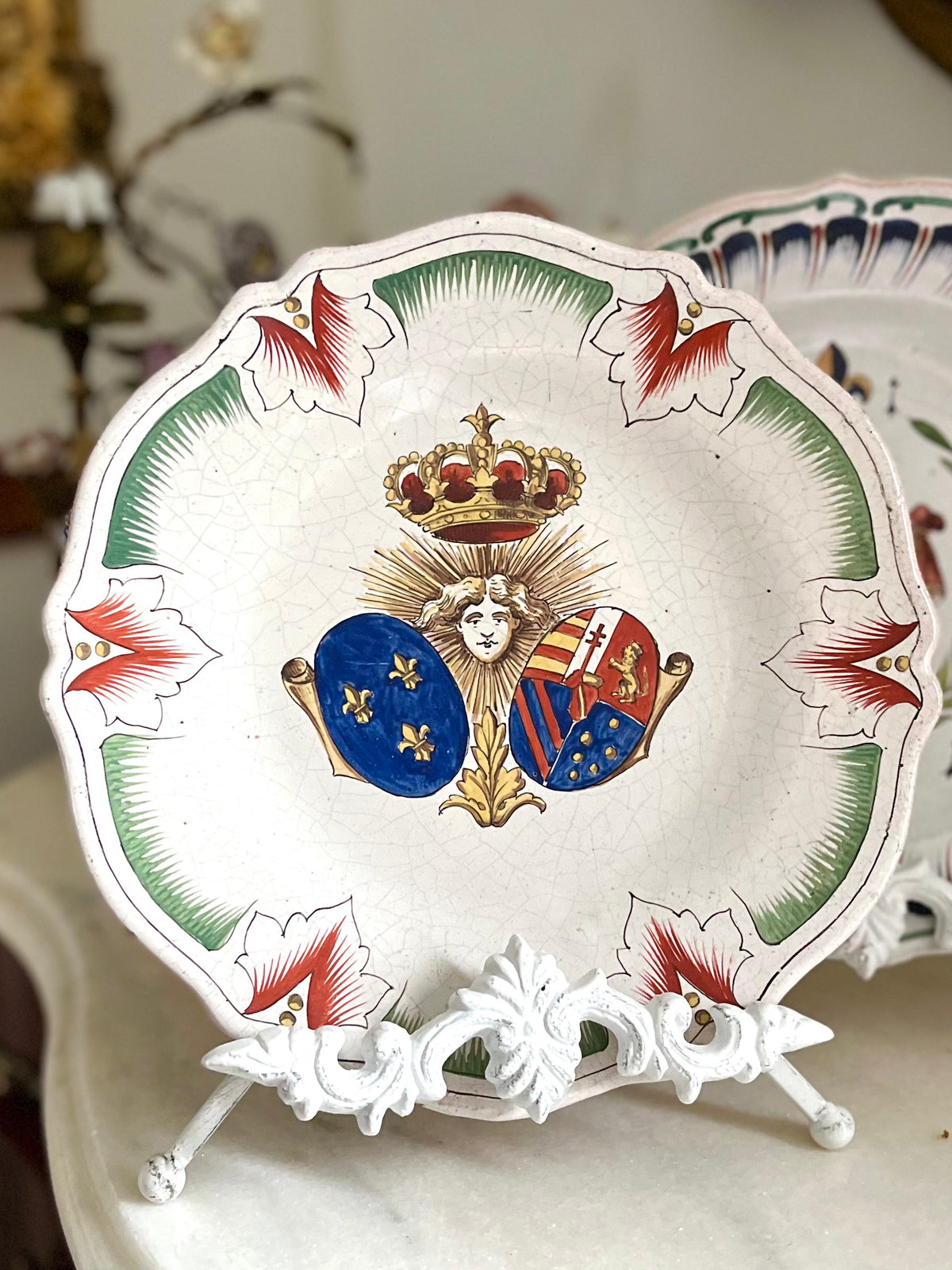 Live 09/29 Antique French Faience Royal Armorial Plate, Sun King & Alliance Arms of France and Austria, c. 1880–1920