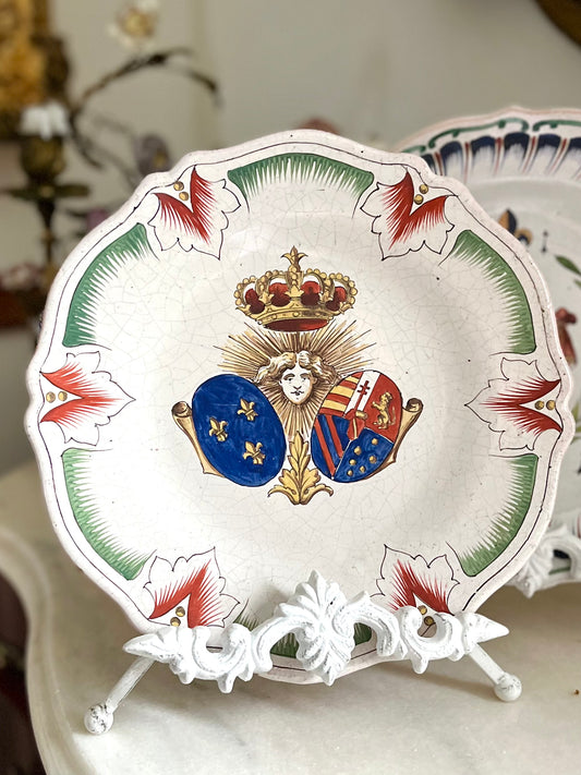 Antique French Faience Royal Armorial Plate, Sun King & Alliance Arms of France and Austria, c. 1880–1920