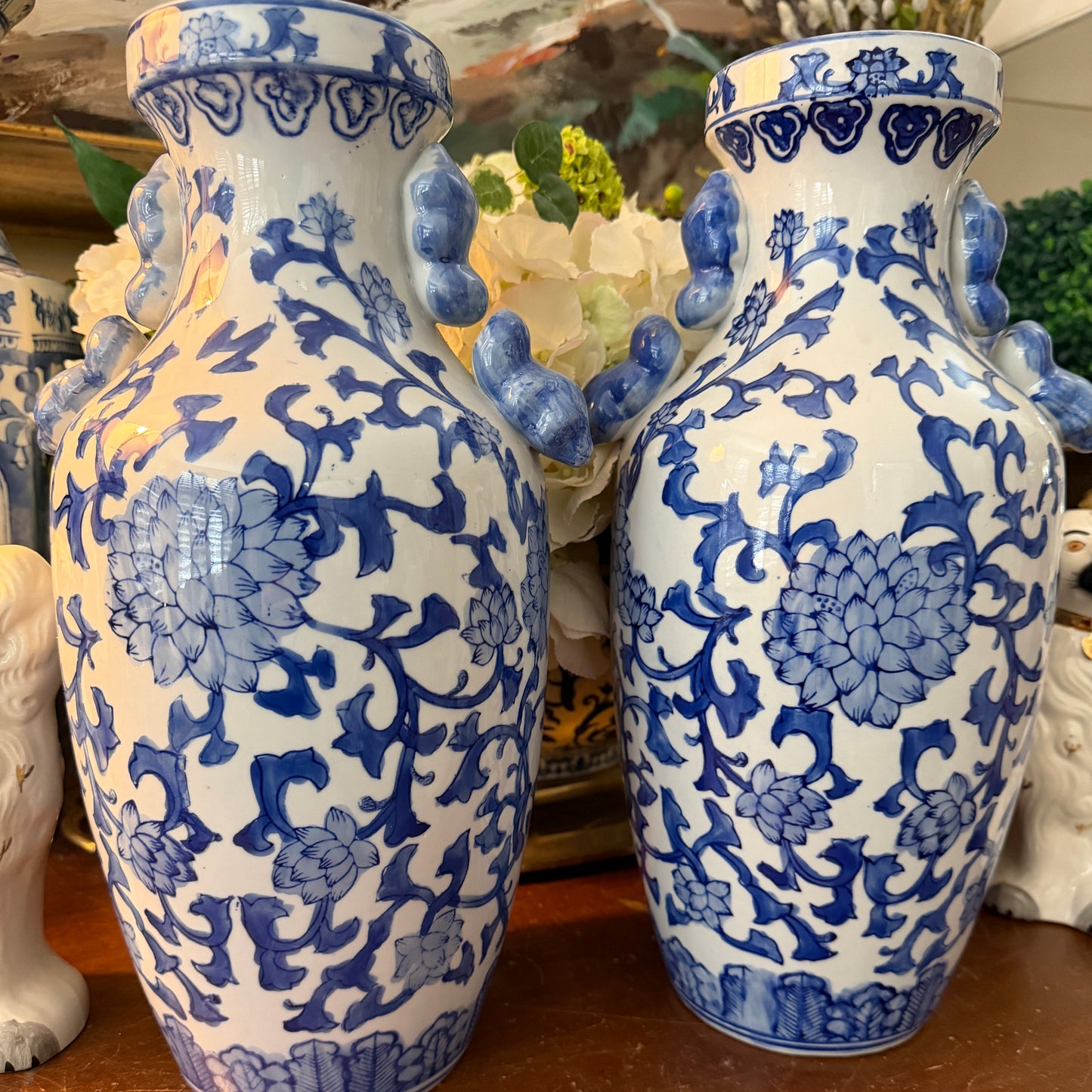 Statuesque Perfect Pair of  blue & white chinoiserie floral 12in vases.