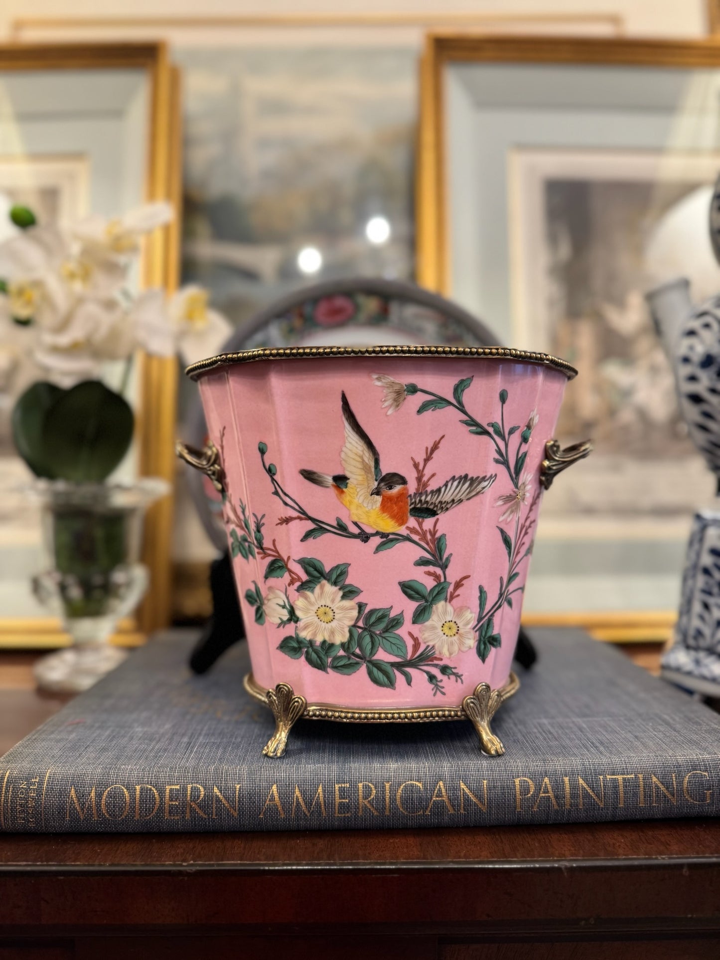 Danny's Fine Porcelain: Pink Floral Footed Basin/ Planter: Birds, Hand Painted, 9x6x7”