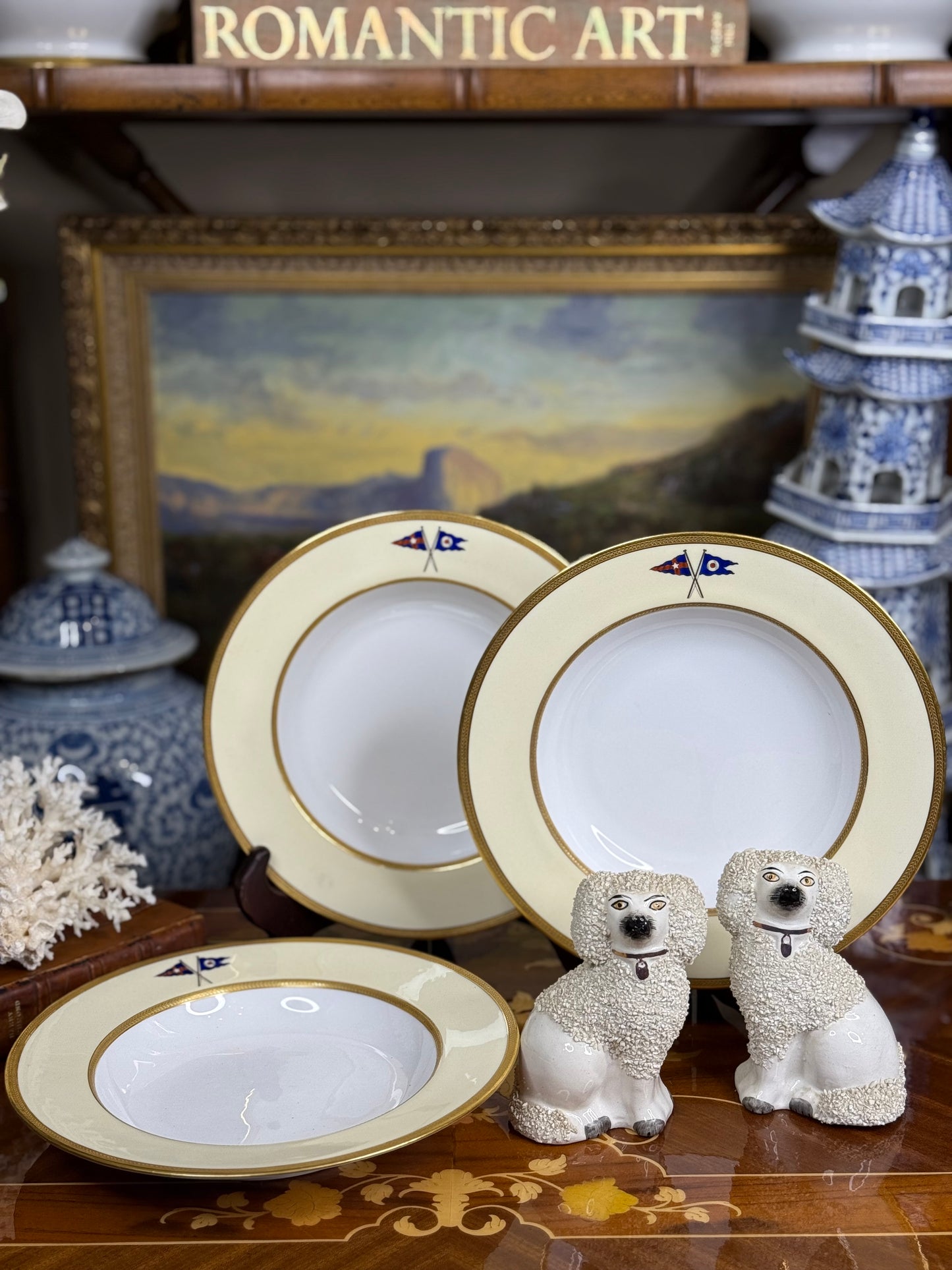 RARE Set (3) Wide-Rim Bowls, Antique Spode Copeland (custom order, 1927) Private yacht burgee service china - New York Yacht Club - PRISTINE!