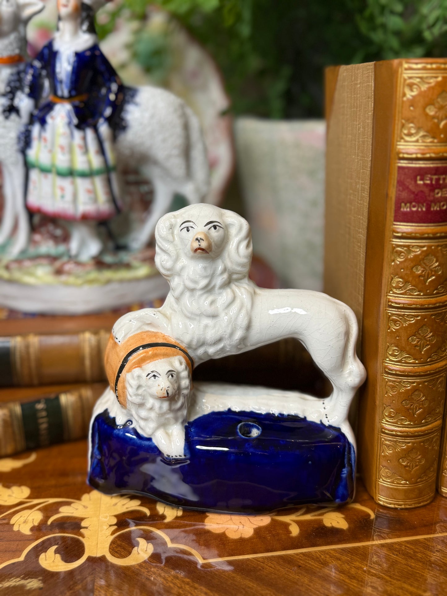 Antique Pair, 19th Century Staffordshire Spaniel Dogs with Puppy in Barrel #DA4422