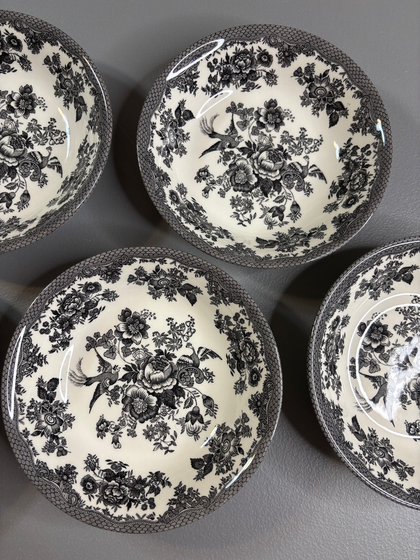 Royal Stafford Asiatic Pheasants black and white transferware bowls set of 5!