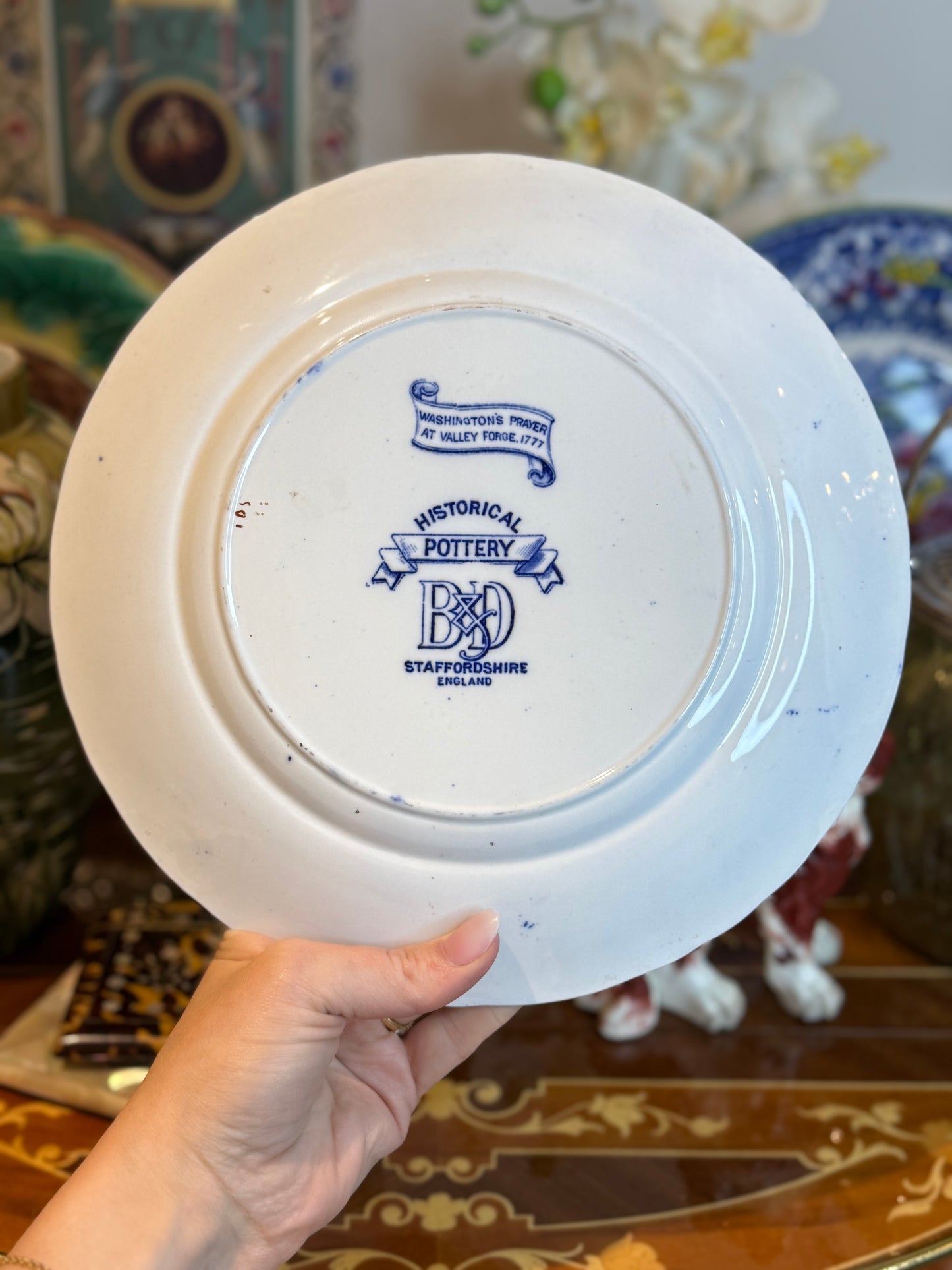Historical Pottery Staffordshire “Washington’s Prayer at Valley Forge” Blue Transferware & Copper Luster Plate 10.25”