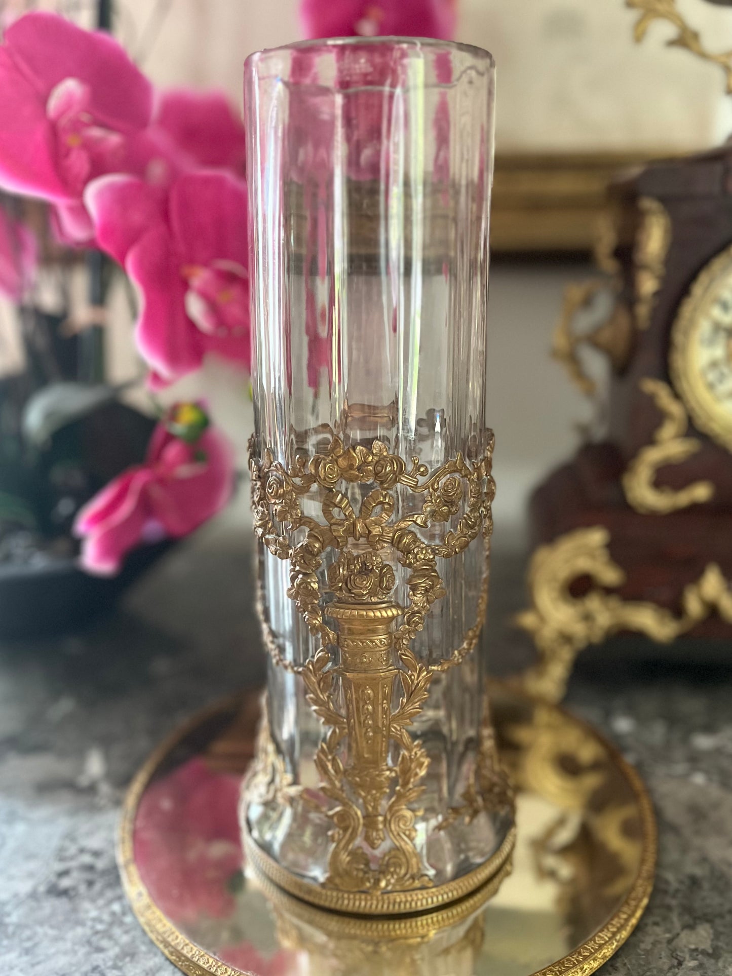 Antique French Ormolu-Mounted Glass Vase - Louis XVI Style - Rose Garlands & Love Trophy - c. Pre-1891