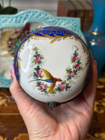 Vintage Limoges France Hand-Painted Trinket Box | Cobalt Blue & Gold with Bird and Floral Motif | 5” Diameter | #DA4364