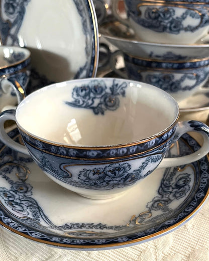 Romantic Set of 6/19th Century Royal Staffordshire “Reknown” Flow Blue Gilded Broth Cups and Saucers
