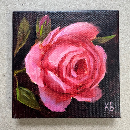 Mini art pink rose original oil paintings on stretched canvas 3x3”