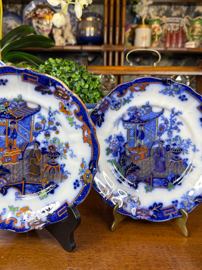 Pair of F. & R. Pratt & Co. Chinoiserie Plates | Cobalt Blue, Orange & Polychrome | Staffordshire, England | c.1840–1860 | 8.5” D Each | #DA4599