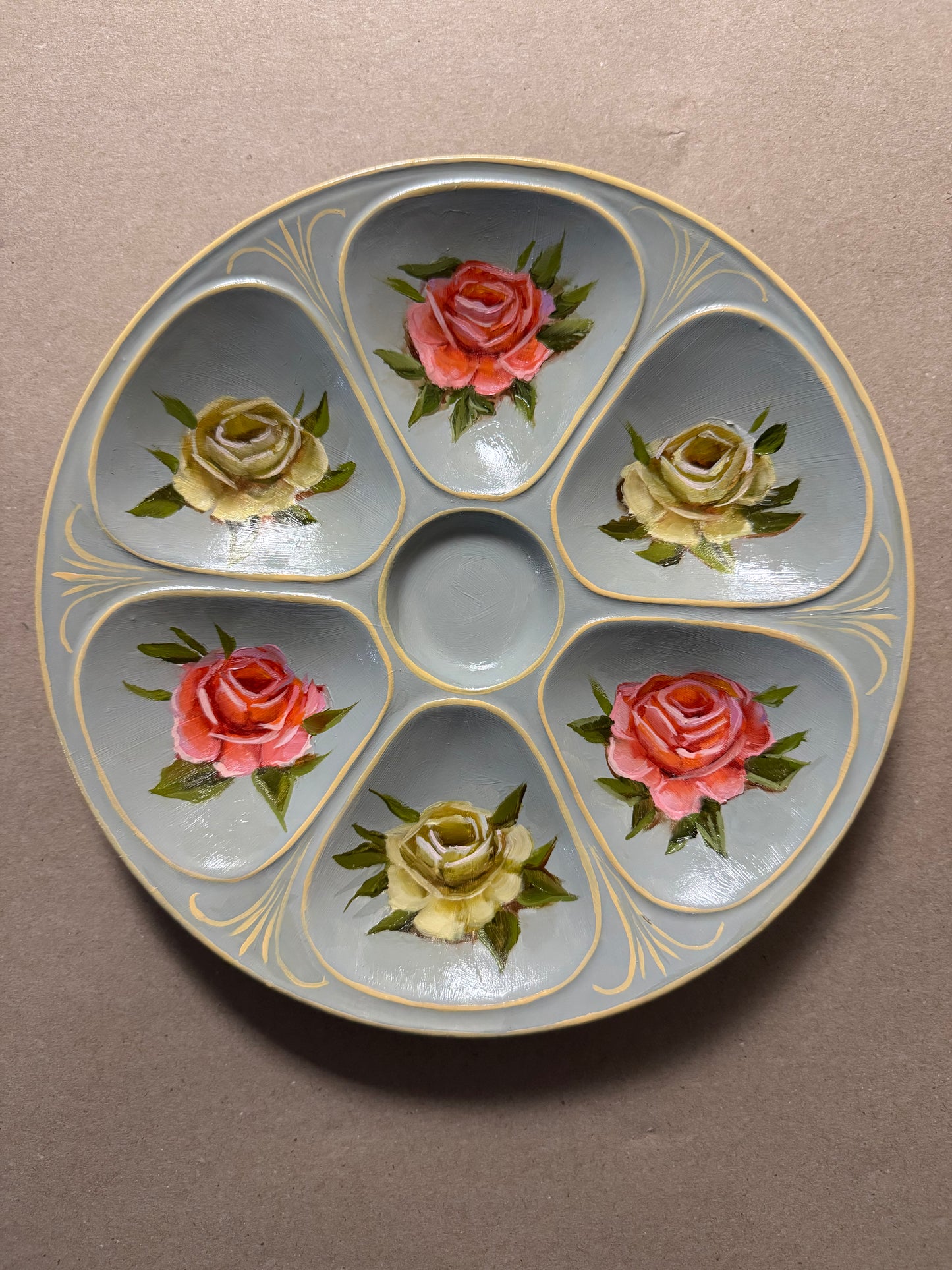 Floral hand painted oyster plate 9” diameter