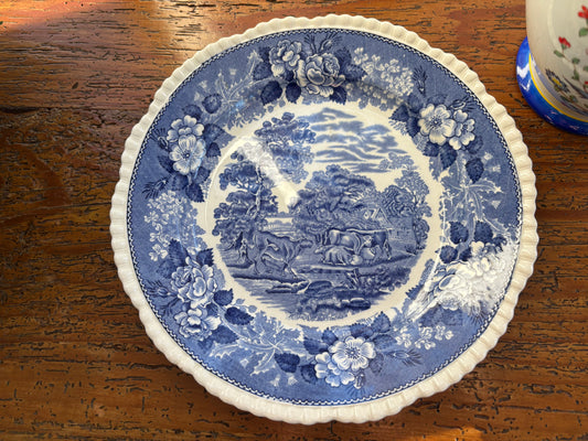 “English Scenic” Blue and white transferware plate by Adams featuring cow pasture scene!