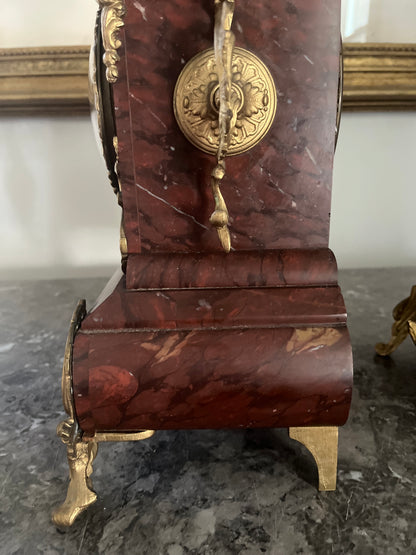 Exceptional Antique Rococo S. Marti France Rouge Griotte Marble And Bronze Ormulu Mantle Clock Circa 1860-1870