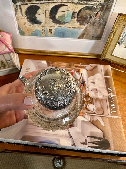 Victorian Art Nouveau Cut Crystal Perfume Bottle with Sterling Silver Repoussé Top Birmingham, England, c. 1901, 5”