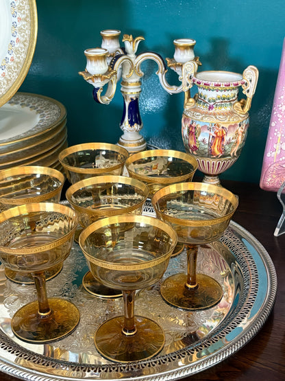 WCCR Charitable Item #172 | Set of 6 Amber Glass Coupes with Embossed Gold Rim | Vintage Champagne Coupes