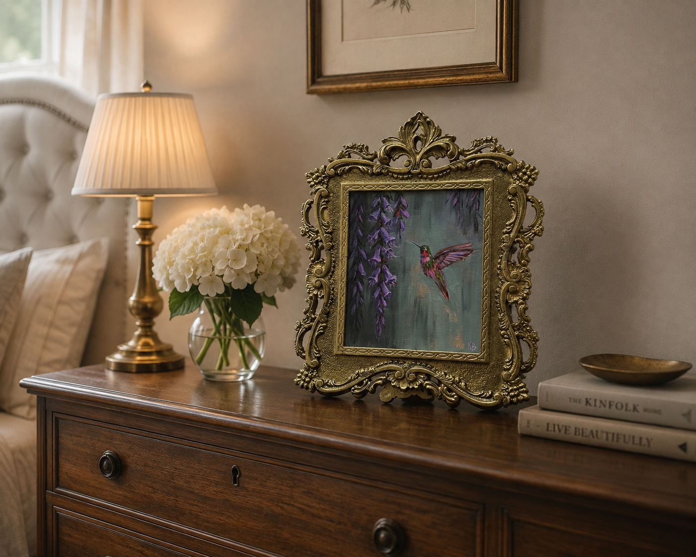 Hummingbird Original oil painting in brass vintage frame 14x11”