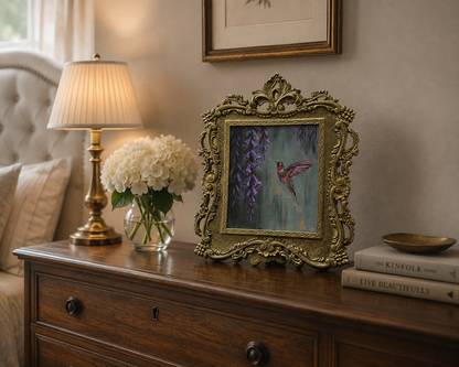 Hummingbird Original oil painting in brass vintage frame 14x11”