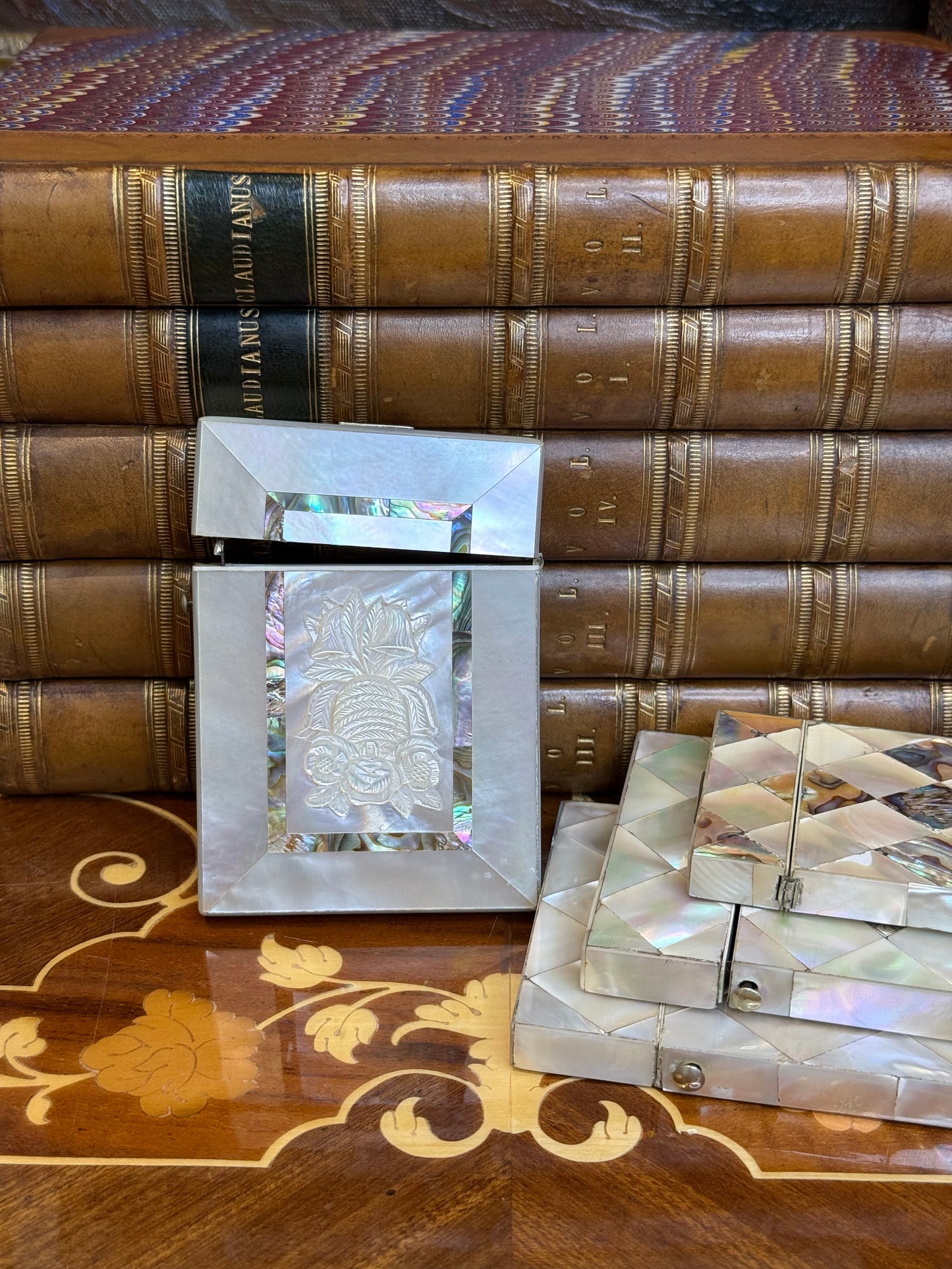 Antique Mother of Pearl Business Card Case with Silver Beehive Cartouche | Monogrammed HLF